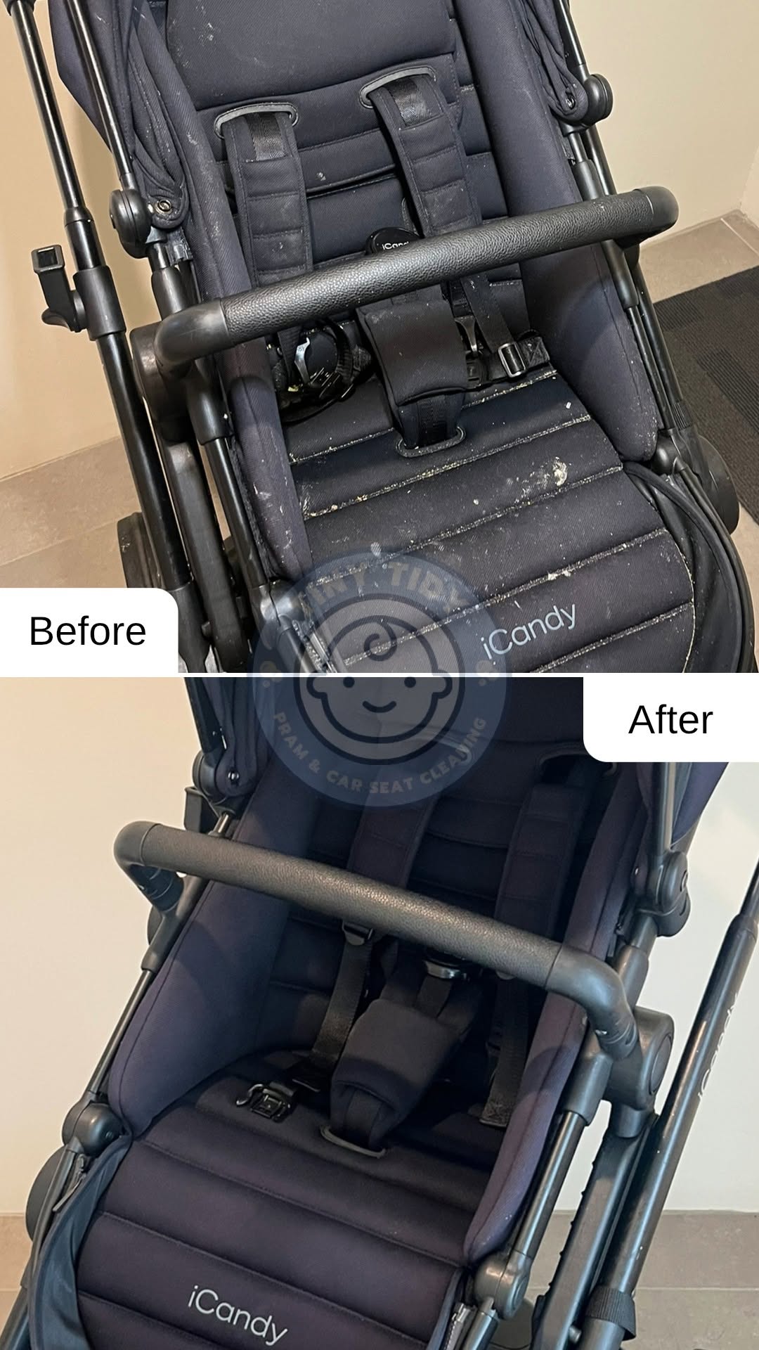 Tiny Tidy before and after: iCandy pram — full strip-down clean
